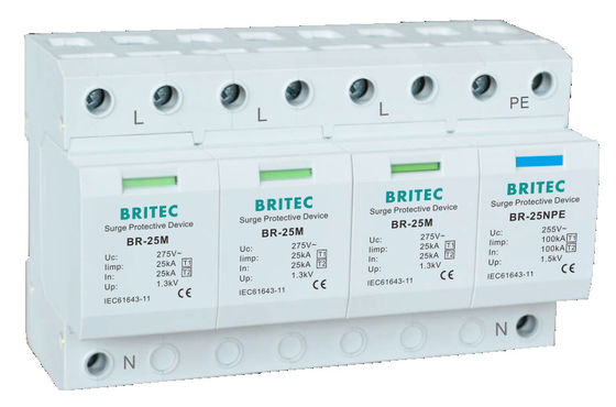 25kA T1+T2 Surge Arrester DIN Rail Mount Lightning Protector for Low Voltage AC Systems