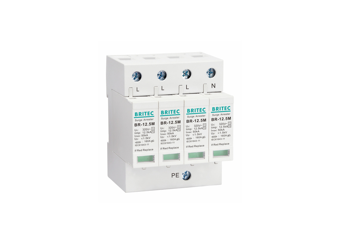 12.5kA Type 1+2 320V 4P Household Surge Protector Lightning Protection
