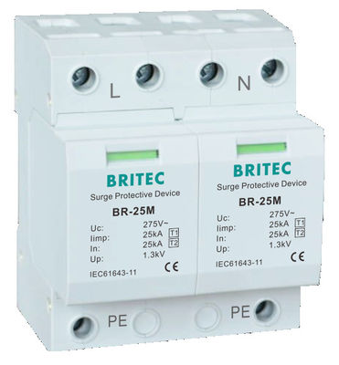 25kA T1+T2 Surge Arrester DIN Rail Mount Lightning Protector for Low Voltage AC Systems