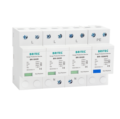 BR-50GR 4P AC 385V Surge Protection Device with 50KA Lightning Protection and 4P Configuration Three Phase T1/2/3 Lightning and surge arrester