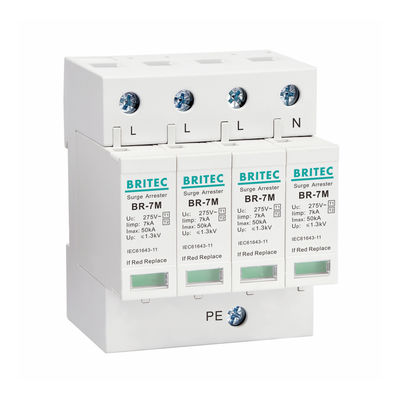 AC Power Iimp 7KA 4P T1+T2/Class B+C 3 Phase Industrial Power Surge Protect , 275V Din Rail Mount Thunder Arrester
